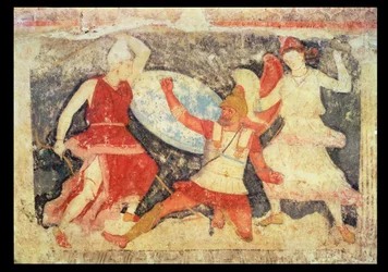 Two Amazons in Combat with a Greek, from Tarquinia